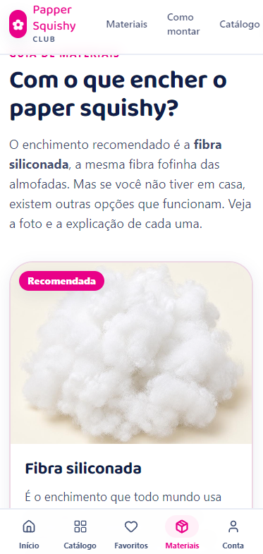 Guia de materiais do aplicativo explicando o enchimento do paper squishy