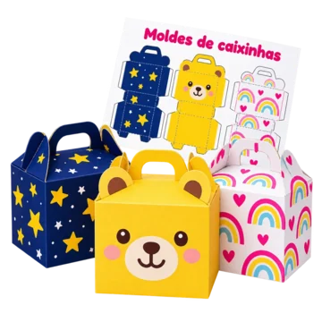Mockup de três caixinhas montadas com a folha de moldes
