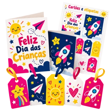Mockup de cartões e etiquetas do Dia das Crianças