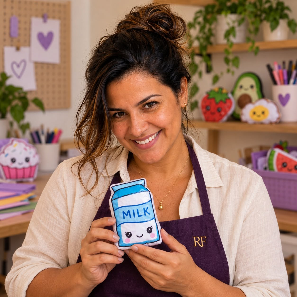 Raquel Frank, do Ateliê Criativa, sorrindo e segurando um squishy de caixinha de leite de papel