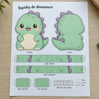 Mockup ilustrativo da folha de molde do dinossauro verde com detalhes roxos